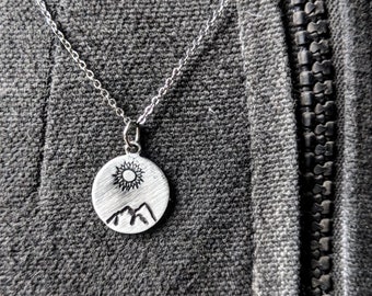 Silver Mountain Necklace with Sunflower Sun - Sunflower Jewelry - Mountain Range - Dainty Silver Necklace - Landscape