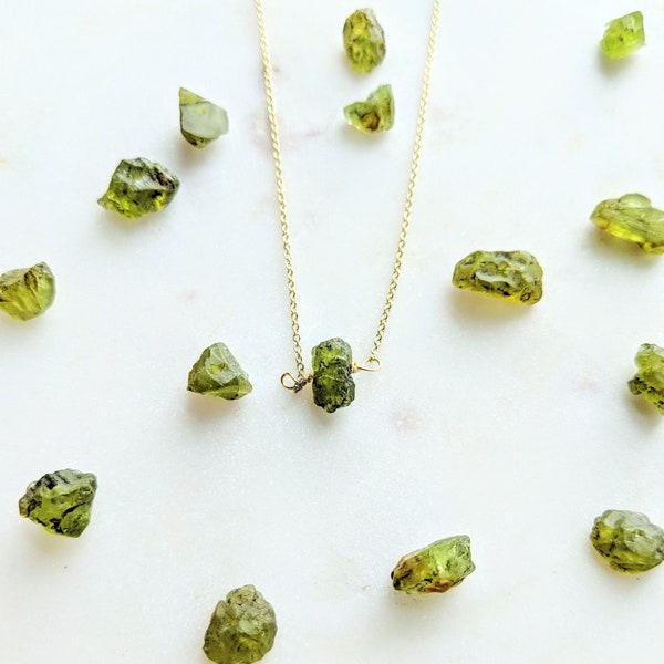 Raw Peridot Necklace August Birthstone on Gold or Silver Chain / Dainty Gold Necklace / Raw Peridot Gemstone