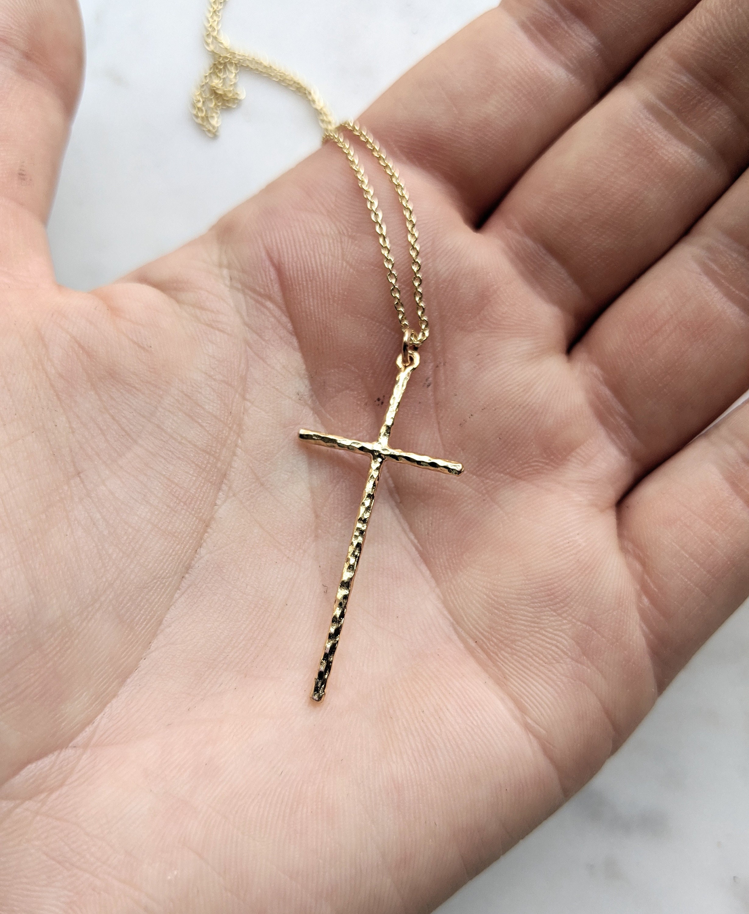 Gold Hammered Cross Necklace / Skinny Cross Necklace / Etsy