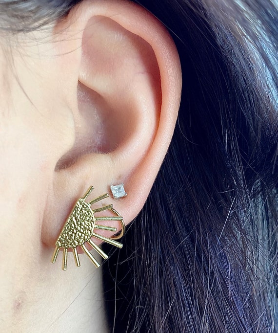 Sun Stud Earrings in Brass Celestial Jewelry Sun Studs Half