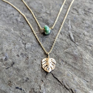Monstera leaf necklace set in Gold with Raw Emerald - Monstera Plant - monstera jewelry - genuine emerald - emerald gemstone - dainty gold