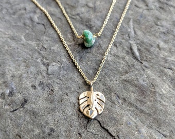 Monstera leaf necklace set in Gold with Raw Emerald - Monstera Plant - monstera jewelry - genuine emerald - emerald gemstone - dainty gold