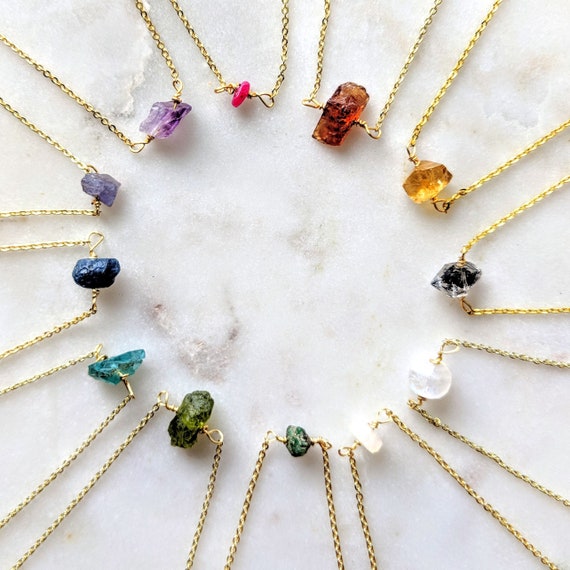 Raw Birthstone Necklace on Gold or Silver Chain Dainty Gold Jewelry Herkimer Diamond Garnet Peridot Citrine Etsy UK