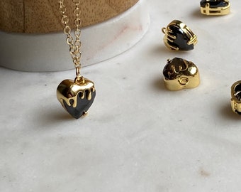Dripping Heart Necklace / Waterproof Gold Filled Melting Heart / Heart Jewelry / Heart Necklace / Black and Gold / Glass Heart / Black