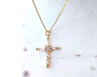 Vintage Style Cross Necklace / Baguette Stones Inlay / Gold Cross Necklace / Religious Cross / Dainty Delicate Cross Necklace / Christian