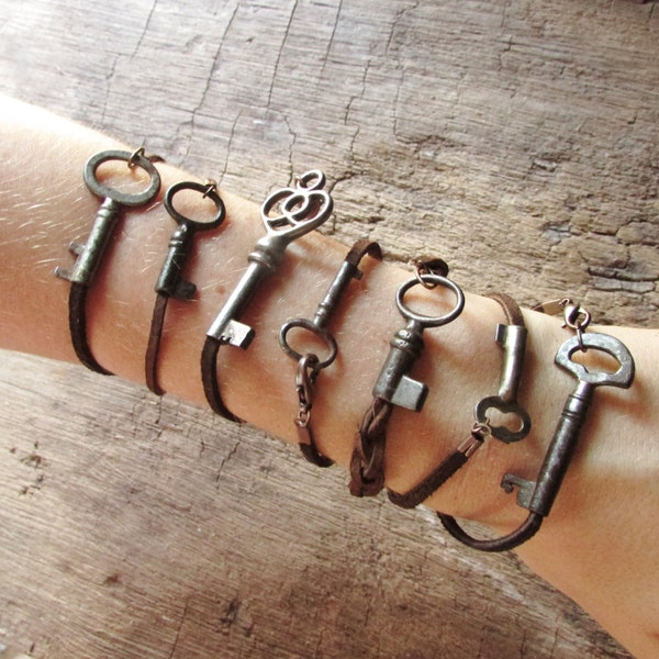 Skeleton Key Bracelet on Rustic Leather Cord