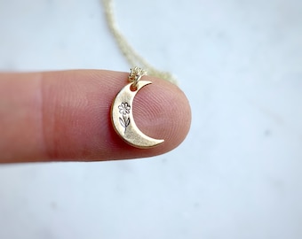 Moon Flower Necklace / Celestial Botany / Gold Crescent Moon Necklace / Celestial Jewelry / Dainty Gold Necklace / Flower Child / Bohemian