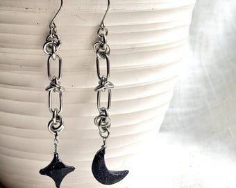 Sunstone Starburst & Moon Earrings / Waterproof Stainless Steel / Hypoallergenic / Black Earrings / Black Jewelry Moon Jewelry Star Earrings