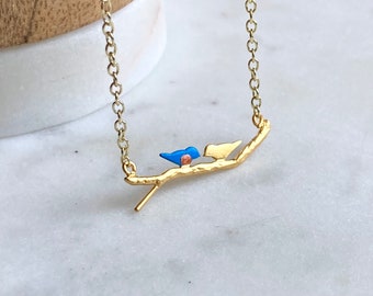 Delicate Blue Bird Necklace / Gold Bird Necklace / Blue Bird Jewelry / Delicate Gold Necklace / Small Bird Jewelry / Hand painted Bird