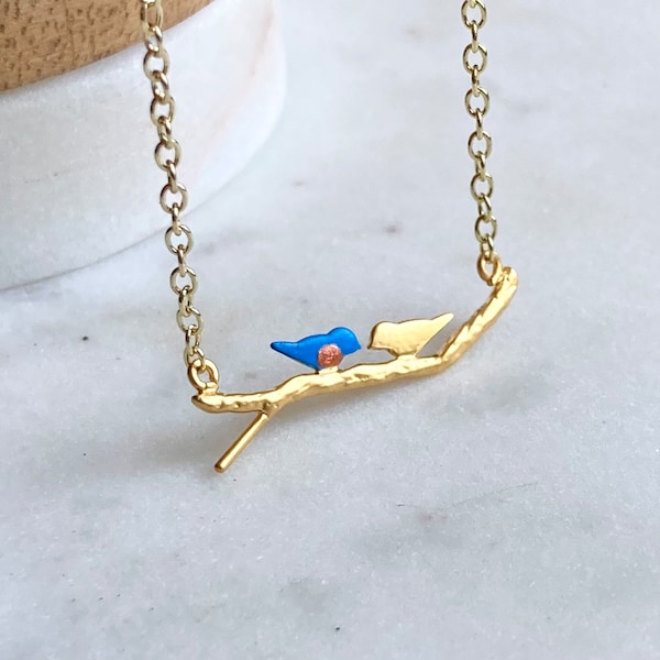 Delicate Blue Bird Necklace / Gold Bird Necklace / Blue Bird Jewelry / Delicate Gold Necklace / Small Bird Jewelry / Hand painted Bird