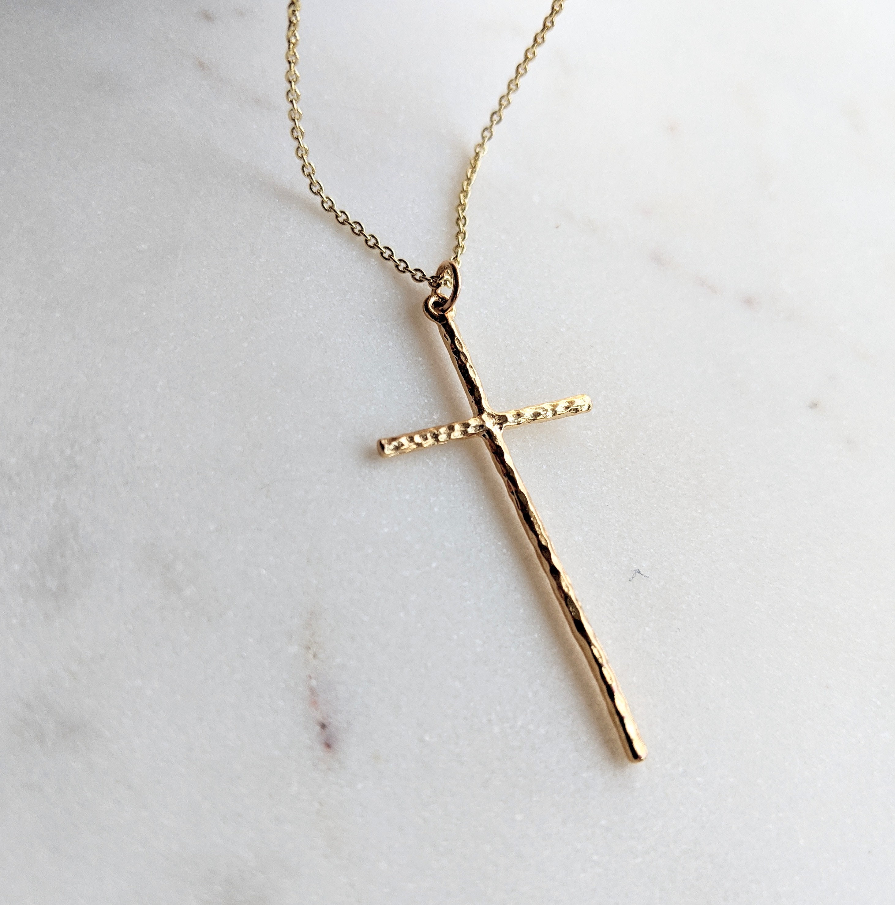 Gold Hammered Cross Necklace / Skinny Cross Necklace / Etsy