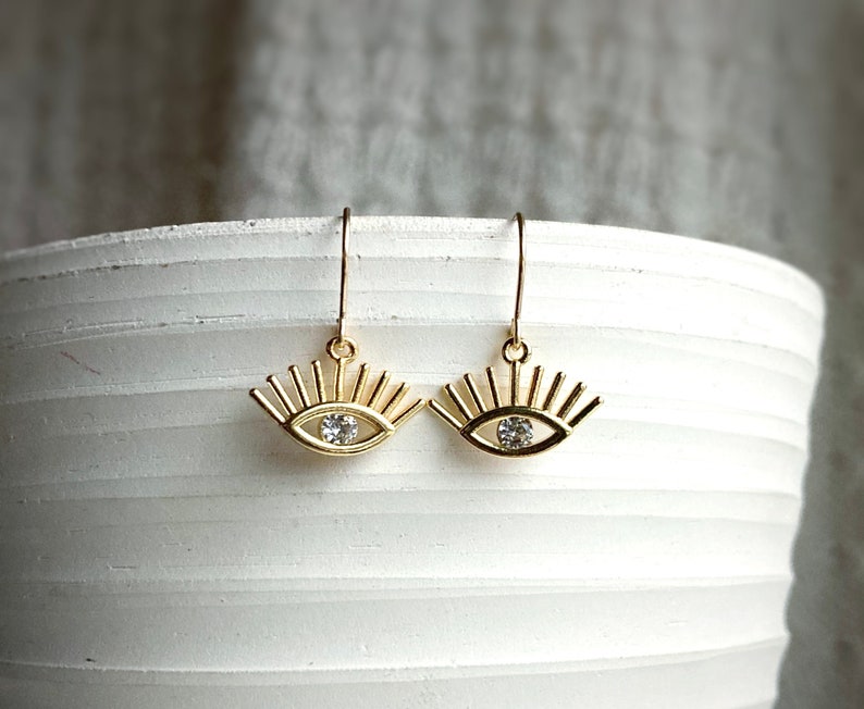 Gold Eye Earrings / Eye Jewelry / Dainty Gold Dangle Earrings / Simple Earrings / Shiny Jewelry / All Seeing Eye / Everyday Earrings image 2