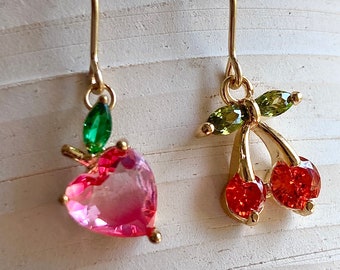 Mismatched Fruit Earrings / Peach and Cherry / Gold Cherry
