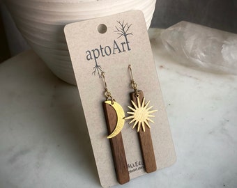 Sun and Moon Earrings / Gold and Wood Earrings / Wood Jewelry / Hypoallergenic / Celestial Earrings / Wooden Dangle Earrings