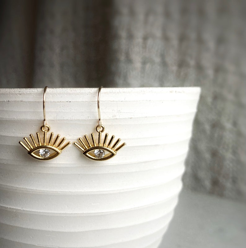 Gold Eye Earrings / Eye Jewelry / Dainty Gold Dangle Earrings / Simple Earrings / Shiny Jewelry / All Seeing Eye / Everyday Earrings image 3