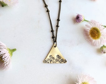 WildFlower Necklace - Flower Jewelry - Botanical Jewelry - Brass Triangle Necklace - Tiny Flower Necklace