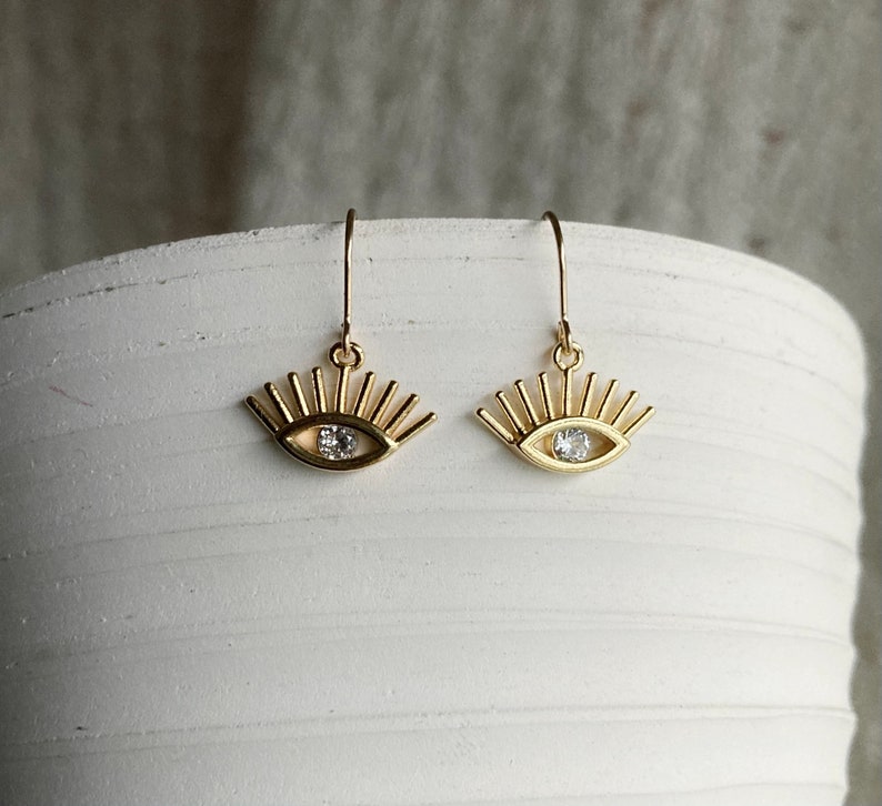 Gold Eye Earrings / Eye Jewelry / Dainty Gold Dangle Earrings / Simple Earrings / Shiny Jewelry / All Seeing Eye / Everyday Earrings image 8