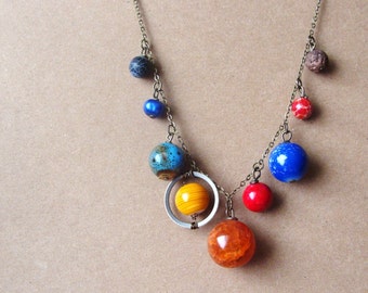 Planets Necklace Solar System the Nine Planets on Antique Brass Chain