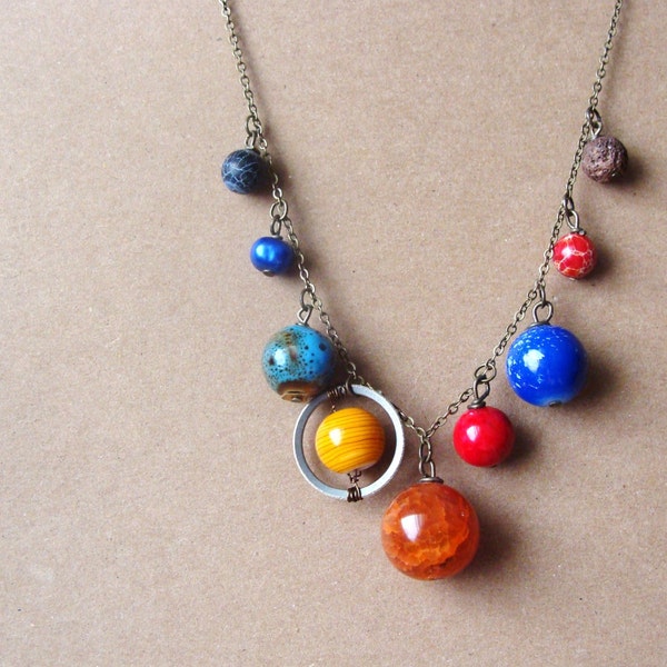 Planets Necklace Solar System the Nine Planets on Antique Brass Chain