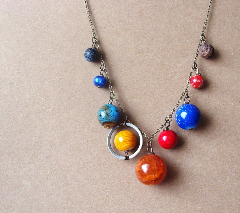 Planets Necklace Solar System the Nine Planets on Antique Brass Chain image 1