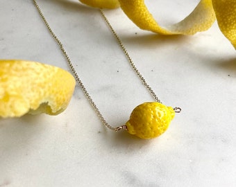 Miniature Lemon Necklace / Lemon Fruit Necklace/ Handblown Glass / Fruit Jewelry /Vegan Necklace / Yellow / Lemon Lover