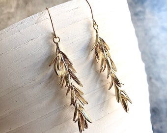 Rosemary Sprig Earrings / Medicinal Herb Jewelry / Rosemary Herb / Gold Leaf Earrings / Dangle Earrings