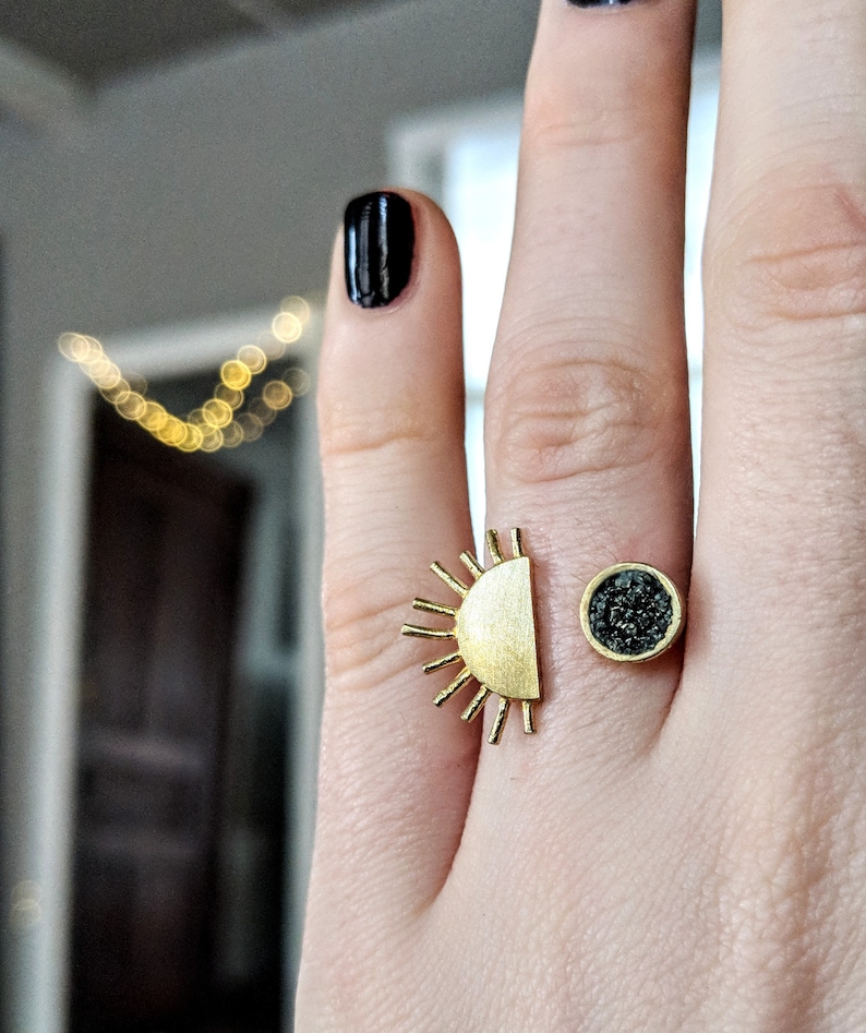 Sun and Moon Adjustable Brass Ring / Celestial jewelry / Moon image 0