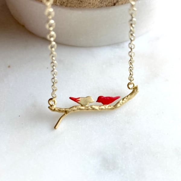 Cardinal Grandparents Necklace Male and Female Cardinal Necklace / Red Cardinal Jewelry / Delicate Gold Necklace / Gold Bird Necklace