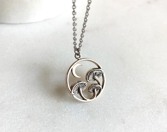 Lunar Shrooms / Mushroom Necklace / Sterling Silver Necklace / Magic Mushroom Jewelry / Waterproof Stainless Steel Chain / Mushroom Lover