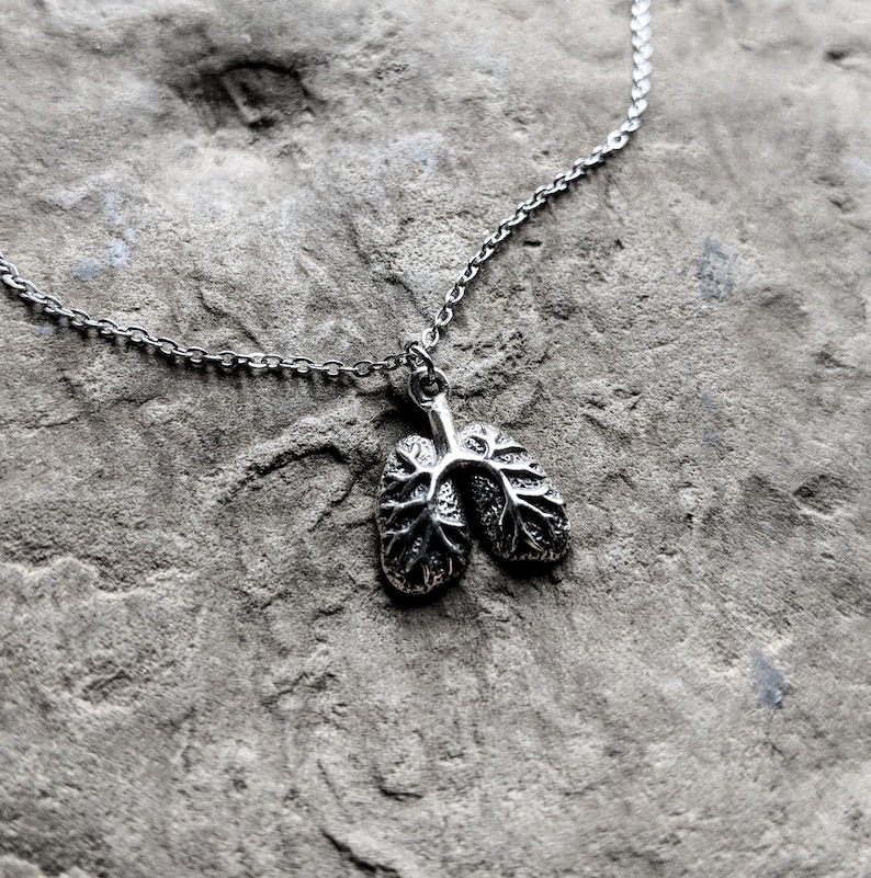 May include: A silver chain necklace with a detailed anatomical lung pendant.