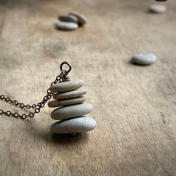Stacked Pebble Necklace / Cairn / Rock Stack / Pebble Necklace / Gray Stone / Balance