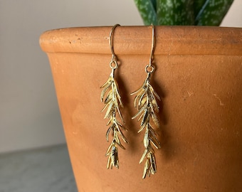Rosemary Sprig Earrings / Herb Jewelry / Rosemary Herb / Gold Leaf Earrings / Dangle Earrings