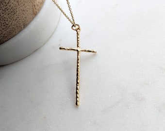 Gold Hammered Cross Necklace / Skinny Cross Necklace / Delicate Cross Jewelry / Religious Cross