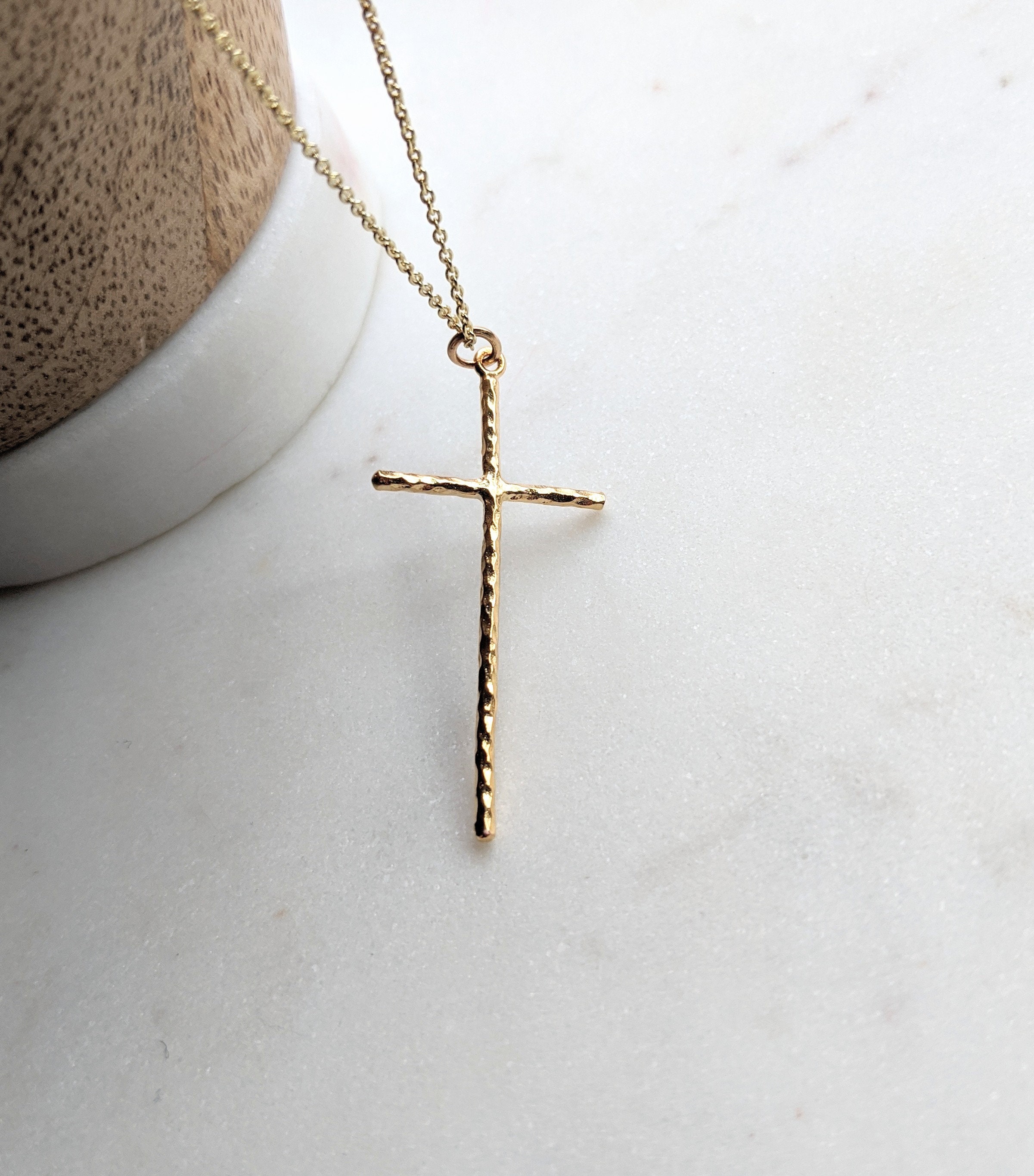 Gold Hammered Cross Necklace / Skinny Cross Necklace / Etsy