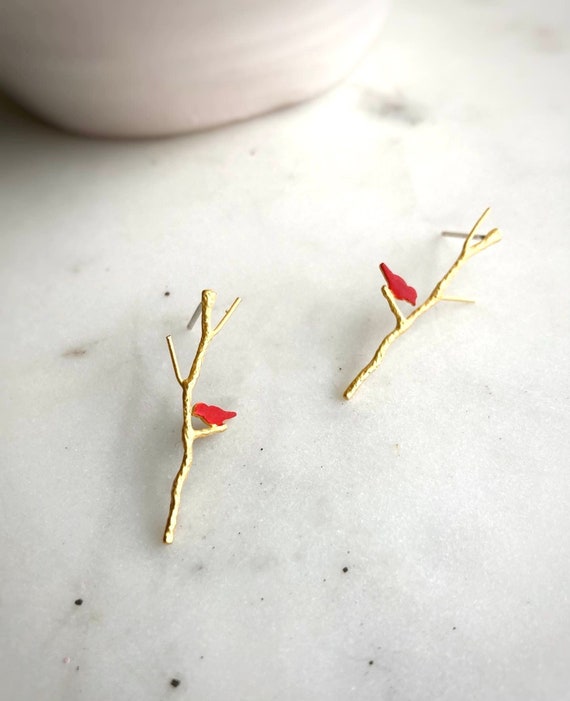 Cardinal Bird Stud Earrings / Gold Bird Earrings / Red Cardinal Jewelry / Delicate Gold Studs / Small Bird Jewelry / Gold Branch Earrings