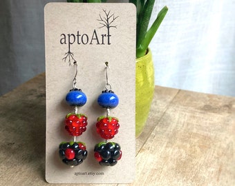 Glass Fruit Earrings / Handblown Glass / Fruit Jewelry / Raspberry Blackberry Blueberry / Berry Earrings