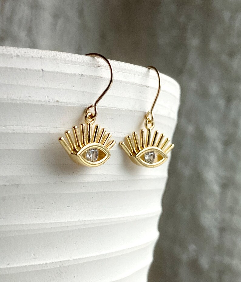 Gold Eye Earrings / Eye Jewelry / Dainty Gold Dangle Earrings / Simple Earrings / Shiny Jewelry / All Seeing Eye / Everyday Earrings image 6