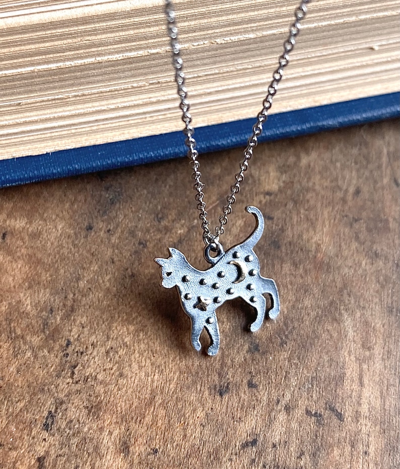 Moon Cat Necklace Stars and Moon Sterling Silver Cat Jewelry Black Cat Witchy Aesthetic Silver Cat Jewelry Halloween