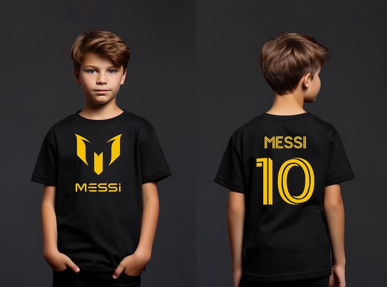 a young boy wearing a messi shirt