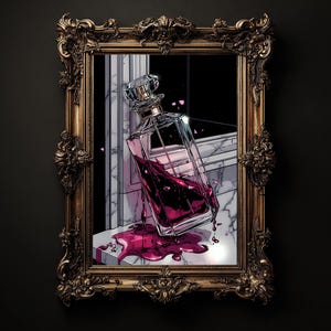 May include: An ornate gold frame surrounds a digital illustration of a perfume bottle. The clear glass bottle is filled with a deep red liquid, spilling onto a marble surface. The bottle has a crystal stopper, and the background is a dark, abstract space.