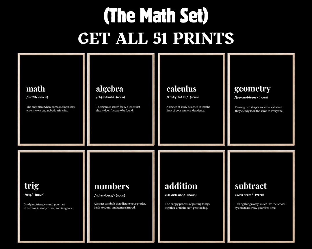 Funny Math Definition Print Set, Mathematics Teacher Gift, Math ...