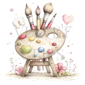 May include: A wooden artist palette resting on a small easel, featuring four paintbrushes with various bristles. The palette displays colorful paint dabs in red, yellow, green, and blue. A butterfly, a heart, and floral accents surround the art tools.