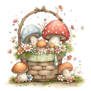 May include: A woven basket filled with various mushrooms and flowers. The basket contains a large red-capped mushroom with white spots, a blue-capped mushroom, and smaller orange mushrooms. Pink and white flowers surround the mushrooms.