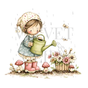 May include: A watercolor illustration of a young girl watering flowers. She wears a floral bonnet, blue dress, and pink boots. A green watering can pours water onto a wooden planter filled with flowers. Mushrooms and butterflies are also present.