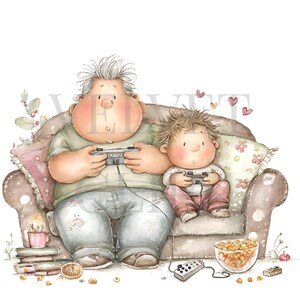 May include: A watercolour illustration depicts a man and child engrossed in a video game on a sofa. The man is in a green top and blue jeans, the child in a white top and pink trousers. Popcorn and a remote are on the floor.