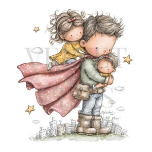 Può includere: Illustrazione ad acquerello di una figura paterna con due bambini. Il padre indossa un mantello e tiene in braccio un bambino, mentre un altro bambino è sulla sua schiena. L'immagine ha uno skyline e accenti di stelle.