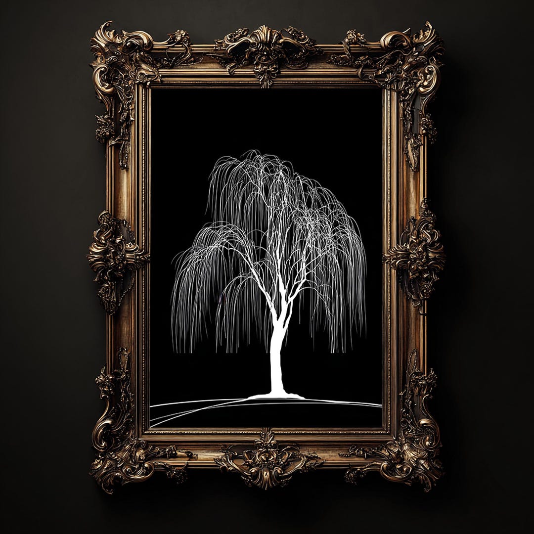 Weeping Willow Tree Monochrome Print Delicate White Line Wall Art ...