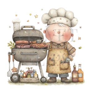 May include: Watercolor illustration of a smiling chef next to a charcoal grill with cooked meats. The chef wears a white hat, apron, and brown boots. A variety of sauces and grilling tools are also present, suggesting a barbecue theme.