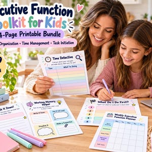 Może przedstawiać: 14-stronicowy zestaw do druku Executive Function Toolkit for Kids zawierający arkusze robocze zatytułowane Time Detective, Break It Down, Working Memory Helper, What Do I Do First oraz Weekly Executive Function Planner z kolorowymi wykresami i polami.