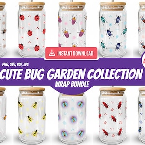 Può includere: Una collezione di bicchieri di vetro con coperchi in bambù, ognuno decorato con un diverso motivo a insetti. I disegni includono coccinelle, api, coleotteri e ragni. Il testo "CUTE BUG GARDEN COLLECTION WRAP BUNDLE" è visibile.